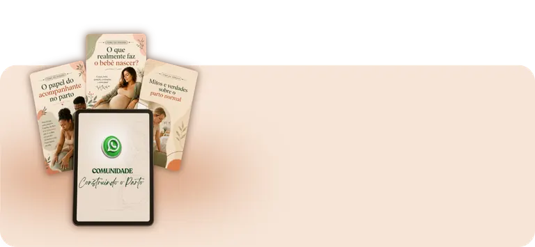 Tablet com a capa da comunidade Construindo o Parto e artes de conteúdos semanais